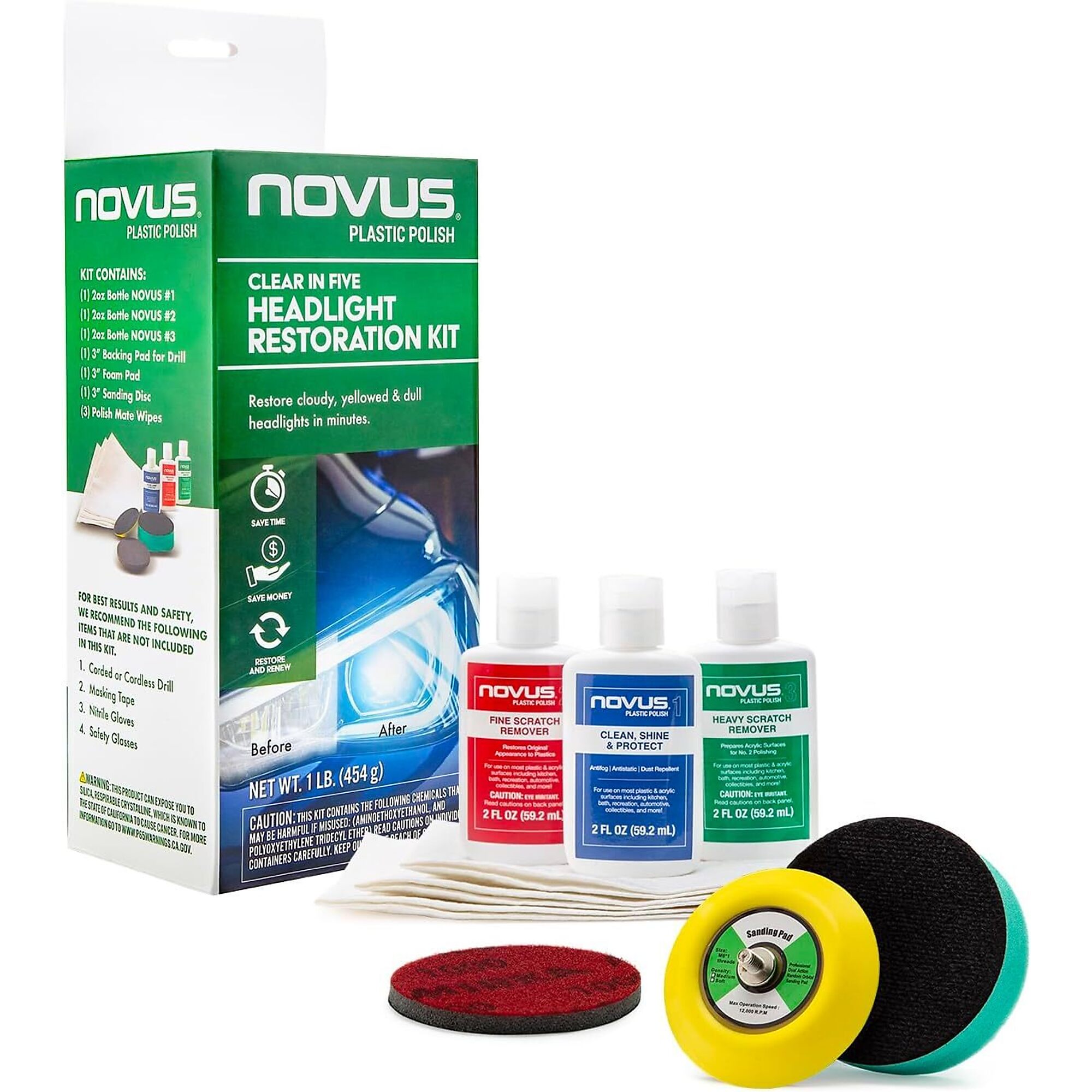 NOVUS, Clear in Five Headlight Restoration Kit, Pad Size 1 in, Model# NOVUS-HLRK